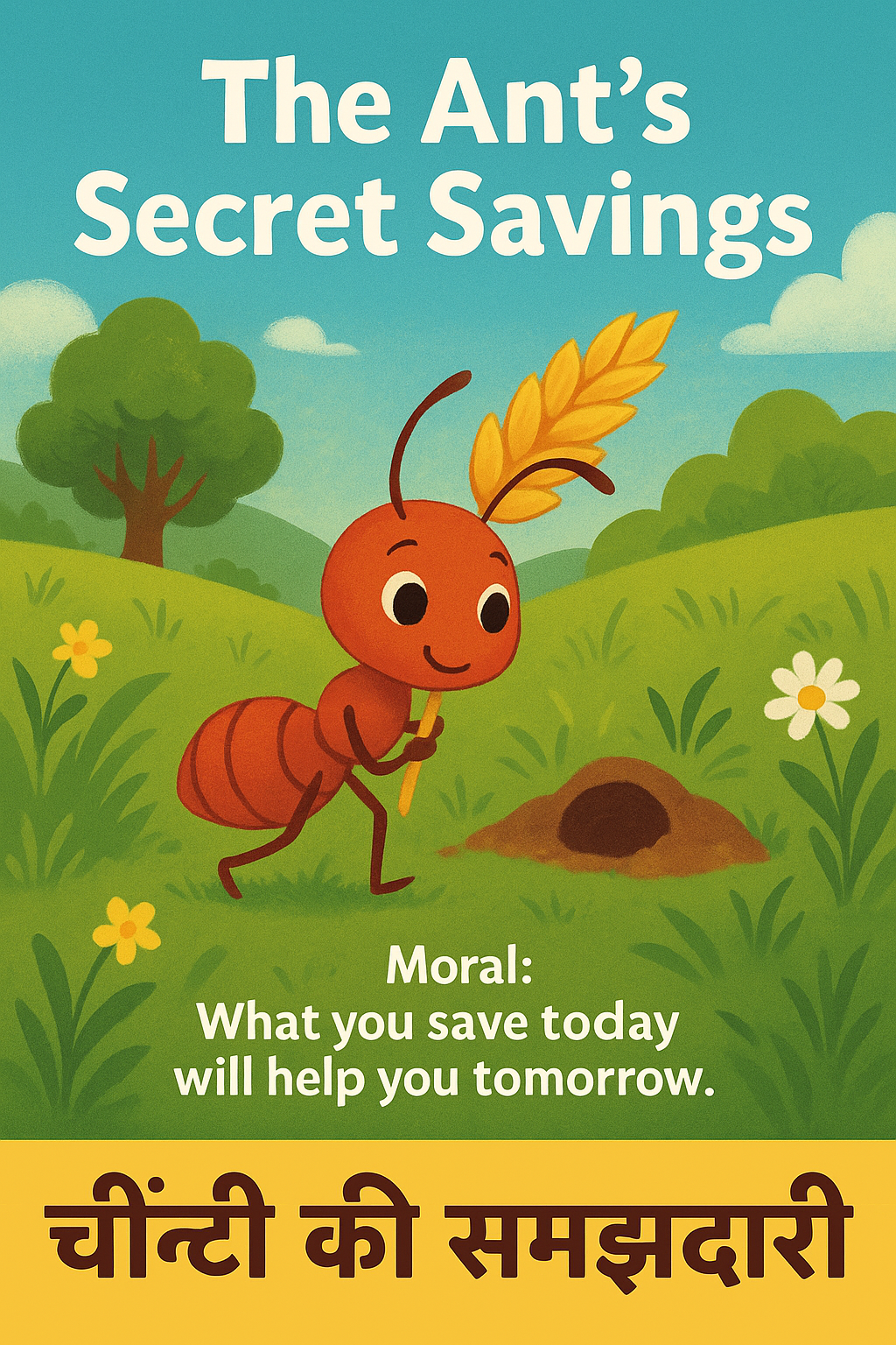 Illustrated children’s book cover showing a happy red ant carrying a golden wheat stalk into its ant hole, with the title “The Ant’s Secret Savings” and the moral “What you save today will help you tomorrow.”