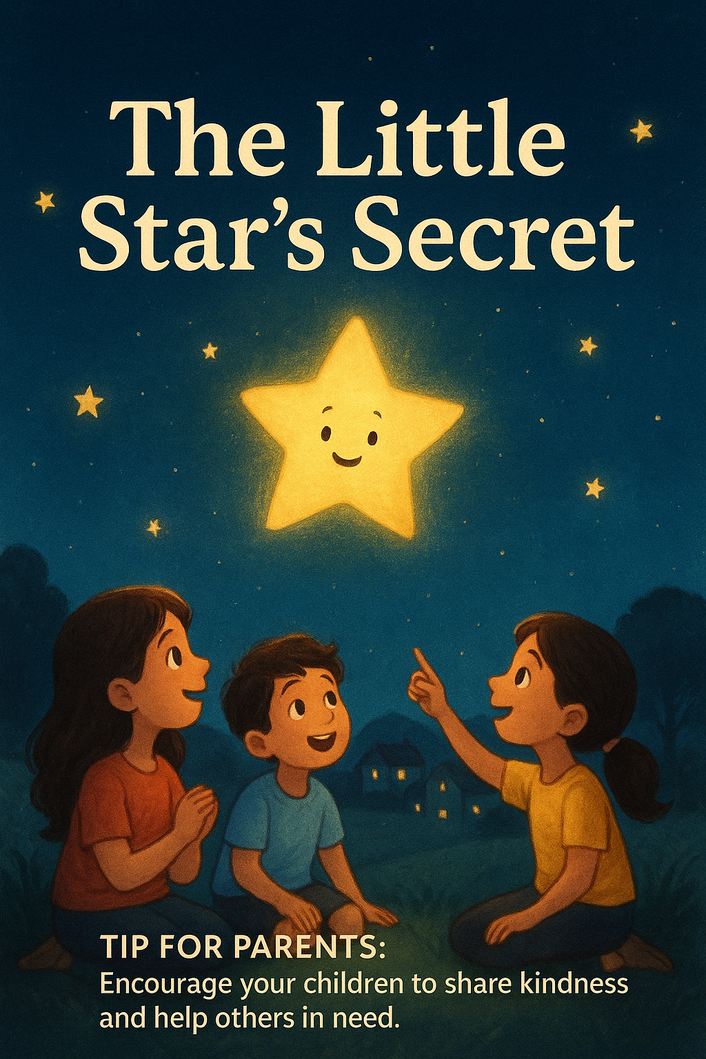 Illustration of children looking at a glowing smiling star in the night sky, from the story "The Little Star’s Secret" on Kidzolu.